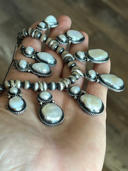 Handcrafted Sterling Silver and Freshwater Pearl Beaded Necklace & Earrings Set by Loretta Delgarito