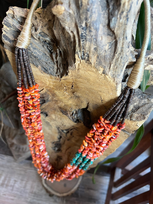 Gorgeous Santo Domingo Made Eight Strand Spiny Oyster and Turquoise Beaded Squaw Wrap Necklace by Daniel Coriz