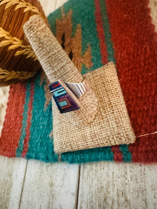 Old Pawn Handcrafted Multi Stone & Sterling Silver Inlay Ring Size 10