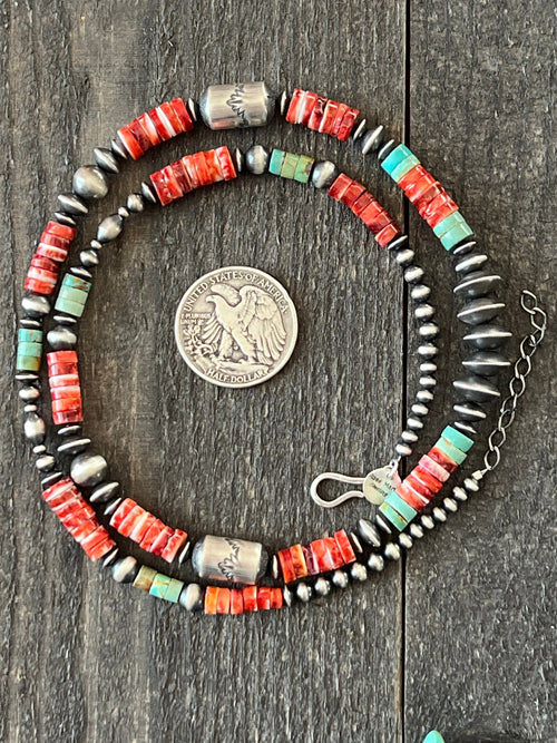 Navajo Electric Rainbow Sterling Silver, Turquoise and Spiny Oyster Single Strand Beaded Necklace by Rose Martin, 26 + 2 Inches