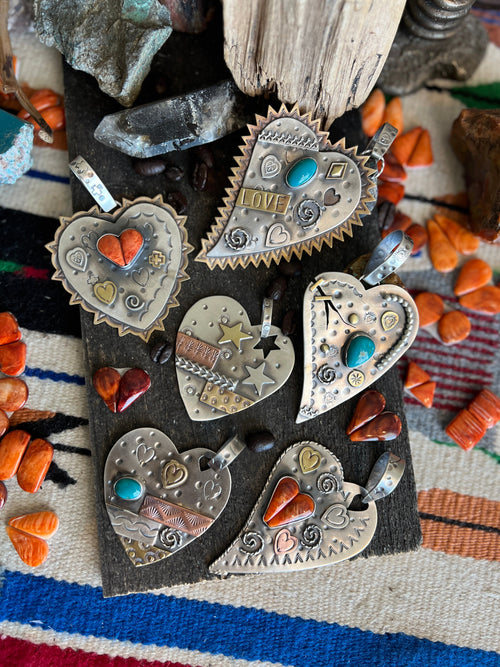 Kimari Somers Hand Stamped Sterling Silver, Brass, Copper & Spiny Oyster ‘Triple Shot’ Pendant