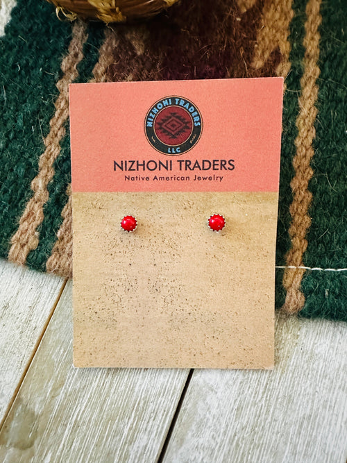 Old Pawn Navajo Sterling Silver & Coral Stud Earrings