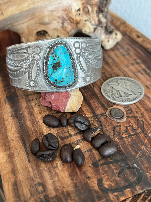 Hand Forged Old Pawn Sterling Silver Ingot Cuff Bracelet w/ Turquoise by Santa Fe Artist, Buffalo: The Spurs