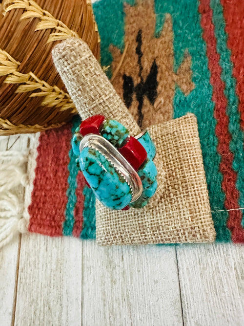 Old Pawn Navajo Sterling Silver, Turquoise & Coral Inlay Ring Size 11