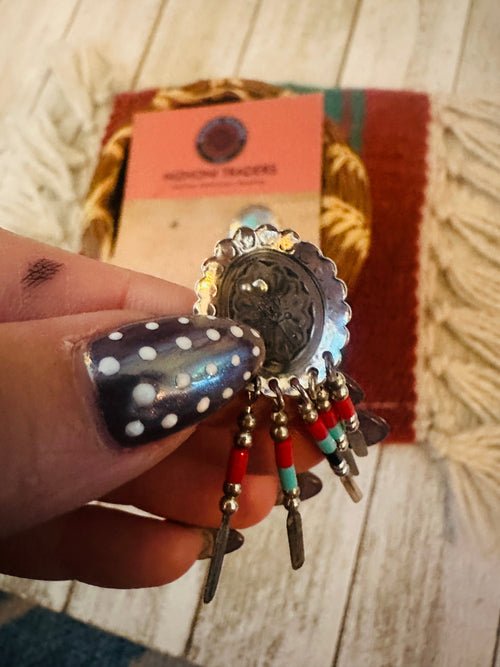 Handcrafted Old Pawn Sterling Silver & Multi Stone Beaded Dream Catcher Dangle Earrings