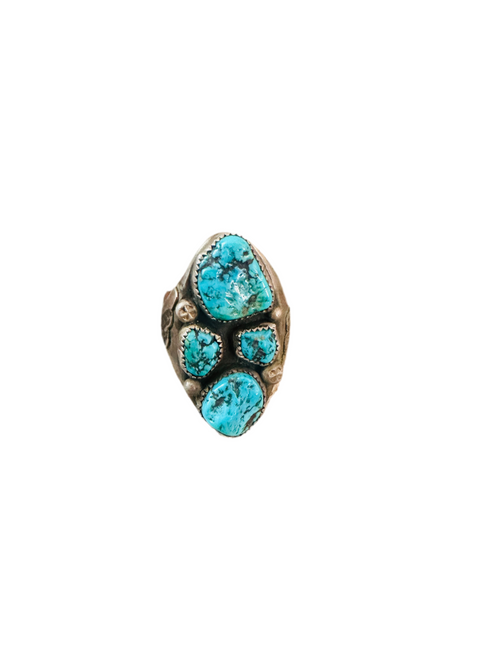 Old Pawn Navajo Sterling Silver & Kingman Turquoise Cluster Ring Size 10.25