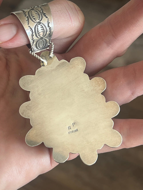 Apache Made Sterling Silver, Hubei Turquoise & Chrysocolla Azurite Cluster Pendant by Rosella Paxson