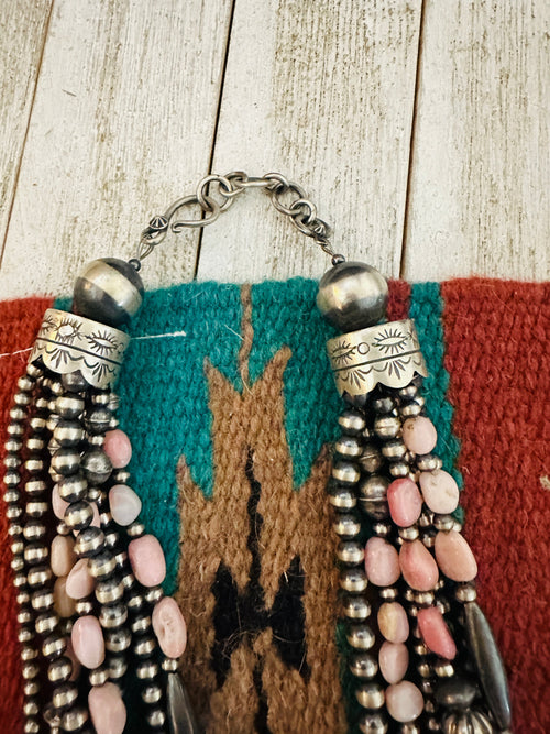 Navajo Sterling Silver Pearl & Rhodochrosite Beaded Seven Strand Necklace