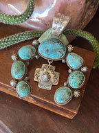 Apache Made Sterling Silver and Egyptian Turquoise Naja Pendant by Rosella Paxson