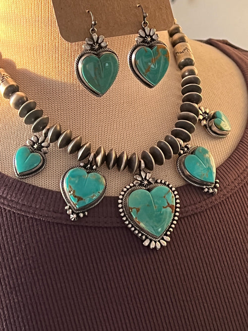 Navajo Sterling Silver and Kingman Turquoise Heart Charm Necklace and Earrings Set by Murphy Platero & Rose Martin