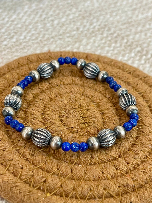 ** 4TH OF JULY ** Handmade Sterling Silver & Lapis Beaded Bracelet with Signed Nizhoni- S