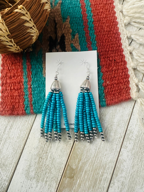 Handcrafted Turquoise & Sterling Silver Pearl Beaded Tassel Dangle Earrings