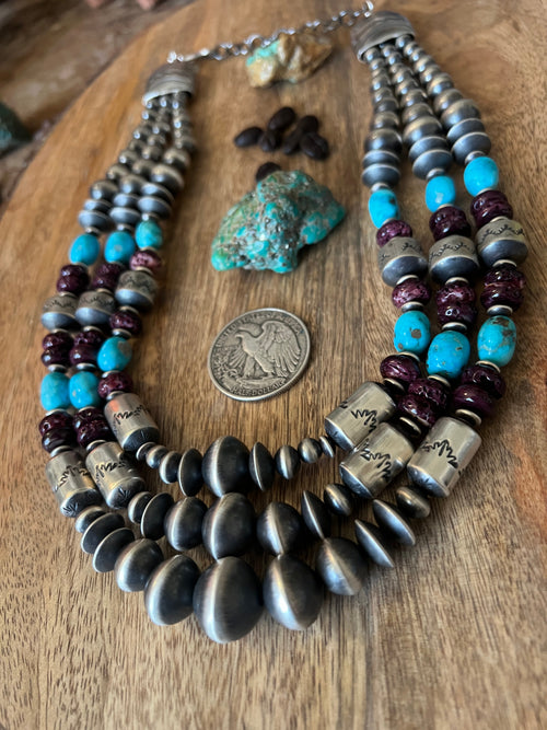 Rose Martin Handcrafted Triple Strand Sterling Silver, Spiny Oyster and Sonoran Mountain Bead Necklace