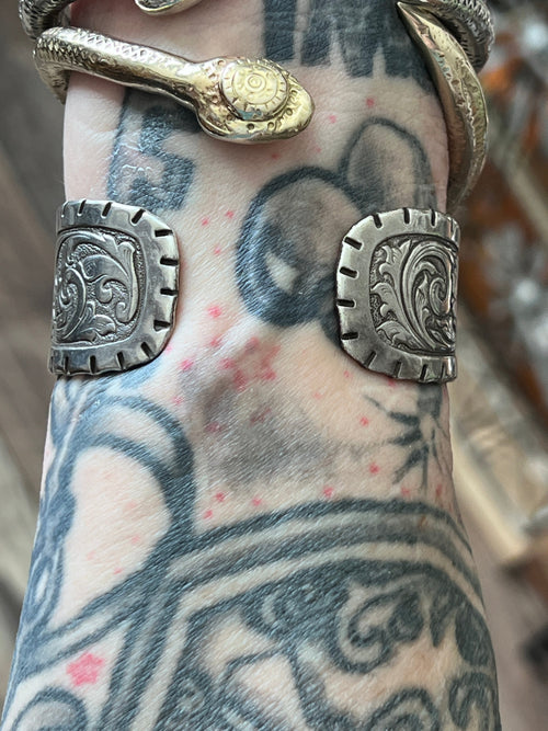 Old Pawn Tooled “Don’t Fence Me In” Sterling Silver Cuff Bracelet by Kit Carson