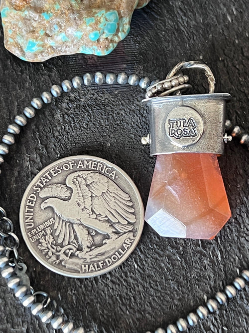 Sterling Silver Gem Collector 30” + 2” Beaded Necklace w/ Red Botswana Agate & Rosette Pendant