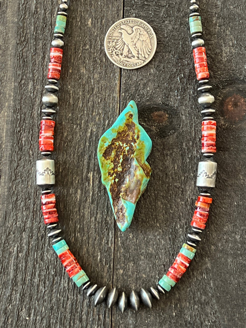 Navajo Electric Rainbow Sterling Silver, Turquoise and Spiny Oyster Single Strand Beaded Necklace by Rose Martin, 26 + 2 Inches