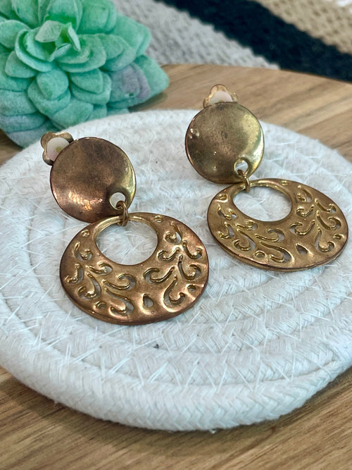 Vintage Handmade Copper Clip On Hoop Earrings