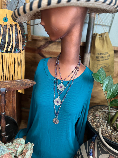 Tularosa Rosary Style Sterling Silver and Amethyst Relic Coin Necklace