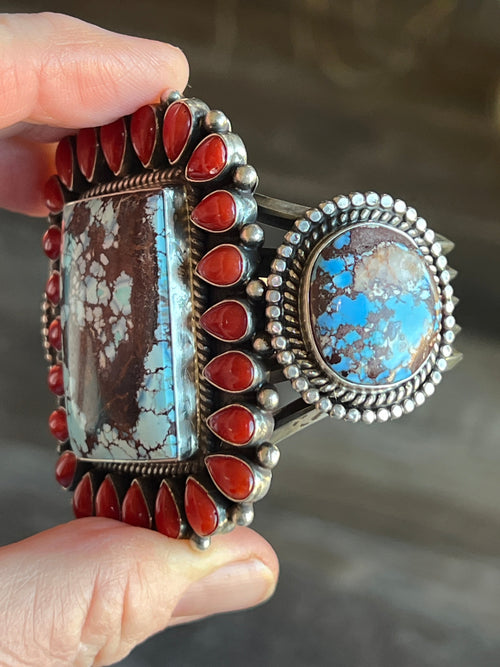 Navajo Sterling Silver, Mediterranean Coral & Golden Hills Turquoise Cuff Bracelet by Tyler Brown