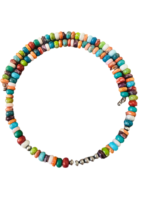 Navajo Multi Stone & Sterling Silver Beaded Wrap Choker Necklace