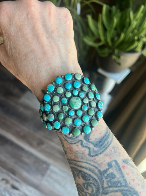 Handcrafted Vintage Sterling Silver and Fox Turquoise Cluster Cuff /