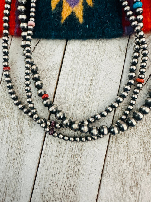 Handcrafted Multi Stone & Sterling Silver Pearl Triple Strand Beaded Necklace 22”