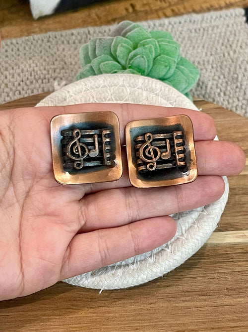 Vintage Handmade Copper Clip On Music Note Earrings