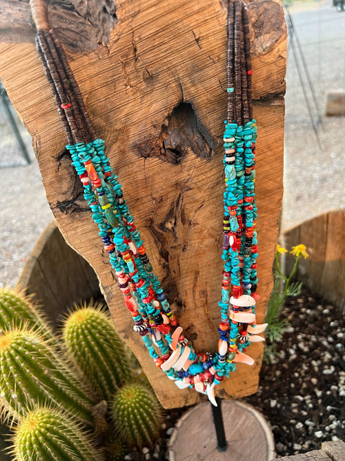 Gorgeous Santo Domingo Made Six Strand Turquoise and Spiny Oyster Beaded Squaw Wrap Necklace, Blue