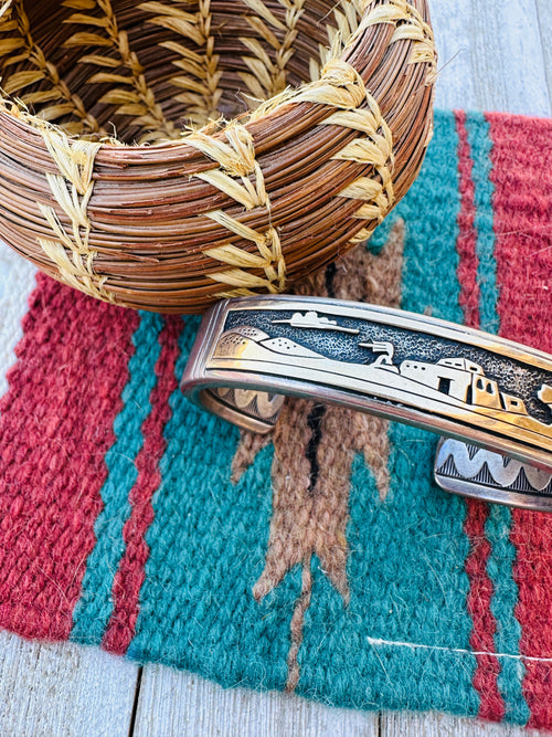 Handcrafted Old Pawn Sterling Silver with 14K Gold Overlay Storyteller Cuff Bracelet