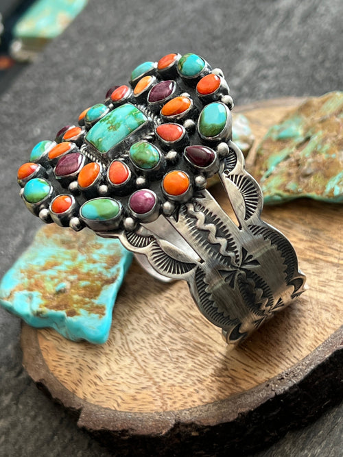 Handcrafted Sterling Silver Electric Rainbow Sonoran Turquoise and Spiny Oyster Cluster Cuff Bracelet by Murphy Platero