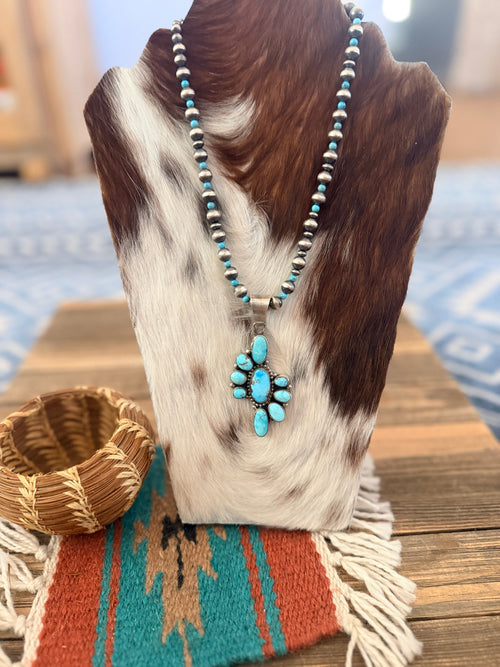 Handcrafted Turquoise & Sterling Silver Cluster Beaded Necklace by Sheila Becenti
