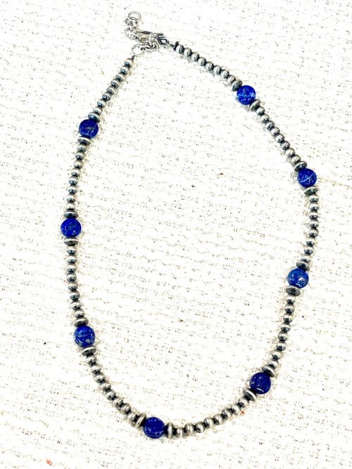 ** 4TH OF JULY ** Handmade Sterling Silver & Lapis Beaded Necklace with Signed Nizhoni