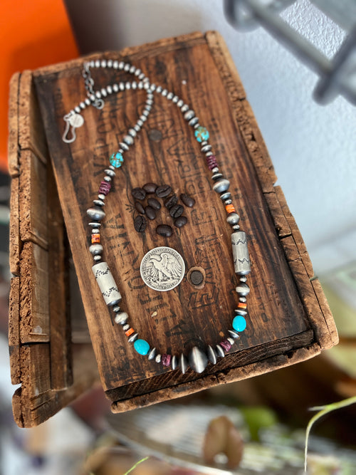 Handcrafted Sterling Silver, Kingman Turquoise and Spiny Oyster Shell Handcrafted Electric Rainbow Beaded Necklace by Rose Martin, 26 + 1-1/2 inch