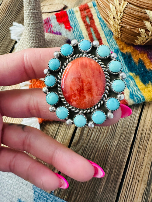Old Pawn Handcrafted Spiny Oyster, Turquoise & Sterling Silver Ring Size 10