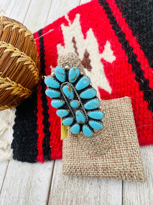 Old Pawn Handcrafted Turquoise & Sterling Silver Cluster Ring Size 9.5