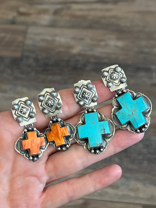 Navajo Sterling Silver and Orange Spiny Oyster Shell Santa Fe Cross Earrings by Murphy Platero
