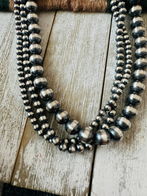 Navajo Sterling Silver Pearl Triple Strand Beaded Necklace