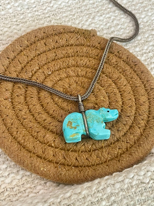 Vintage Old Pawn Turquoise and Sterling Silver Bear Necklace