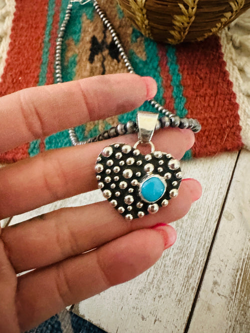 Handcrafted Turquoise & Sterling Silver Pearl Beaded Heart Necklace