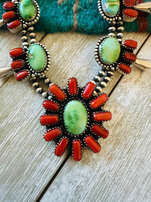 ** Christmas Collection ** Handmade Sterling Silver, Turquoise & Coral Necklace Signed Nizhoni