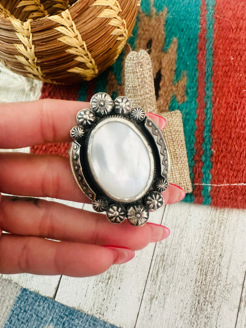 Old Pawn Navajo Sterling Silver & Mother of Pearl Adjustable Ring
