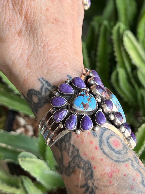 Handcrafted Sterling Silver, Charoite and Golden Hills Turquoise Cluster Cuff Bracelet by Tyler Brown /