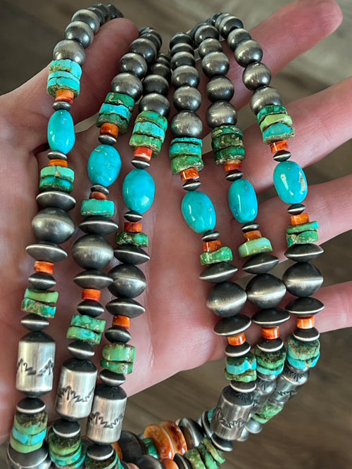 Navajo Handmade Triple Strand Sterling Silver, Spiny Oyster and Sonoran Mountain Bead Necklace by Rose Martin