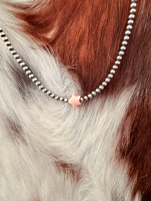 Handcrafted Queen Pink Conch and Sterling Silver Pearl Star Beaded Necklace