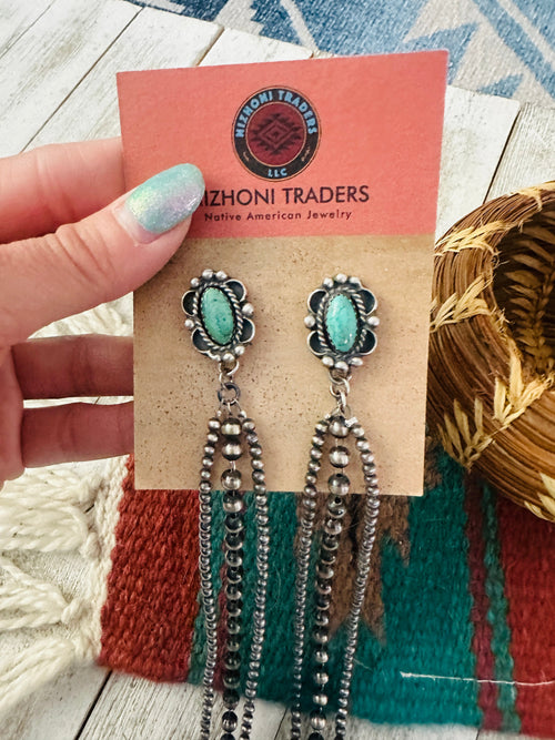 Navajo Turquoise & Sterling Silver Pearl Beaded Blossom Dangle Earrings