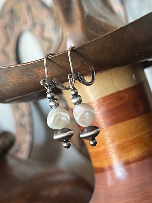Navajo Made Summer Lovin’ Sterling Silver and Freshwater Pearl Bead Drop Earrings, Leverback