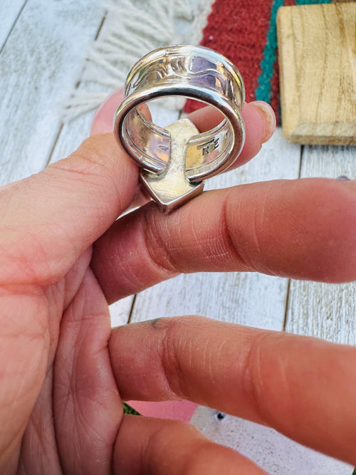 Old Pawn Navajo Sterling Silver, Turquoise & Onyx Inlay Ring Size 6.5