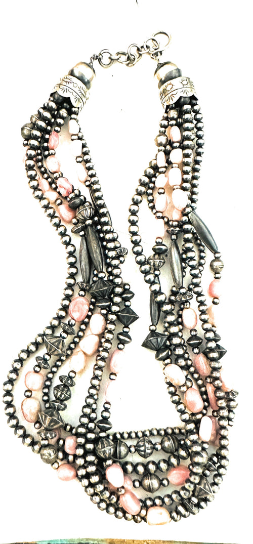 Navajo Sterling Silver Pearl & Rhodochrosite Beaded Seven Strand Necklace