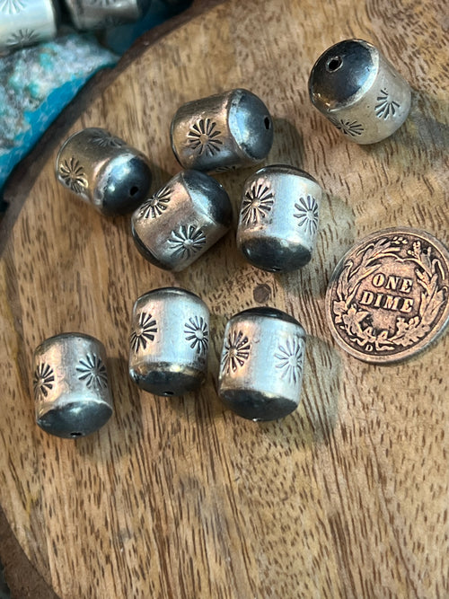 Handmade Stamped Sterling Silver Barrel Beads, High Noon