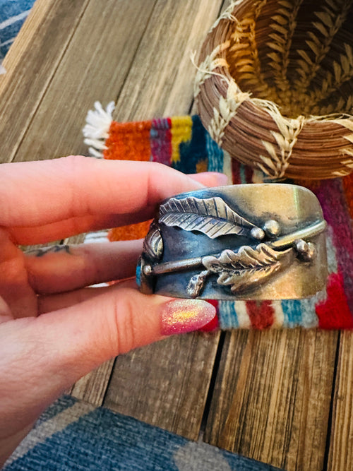 Handcrafted Old Pawn Sterling Silver, Turquoise & Coral Cuff Bracelet